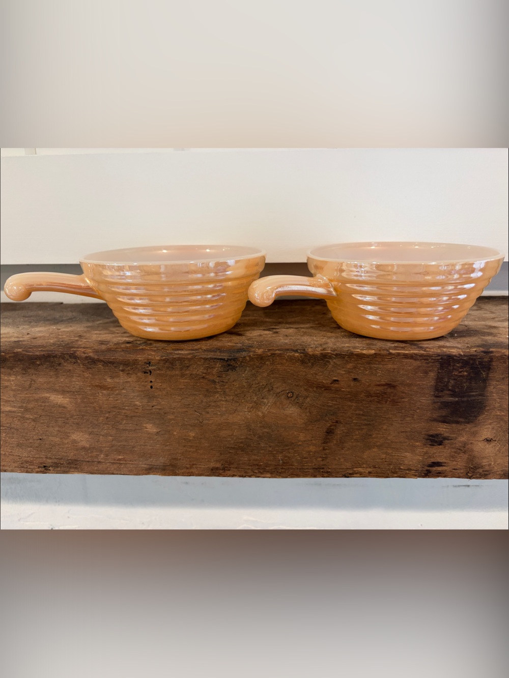 Fire King Vintage MCM Peach Glass Lusterware Handled Soup Bowls - Peach/White